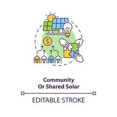 Community or shared solar concept icon. Solar-electric system idea thin line illustration. Accessibility and integration. Vector isolated outline RGB color drawing. Editable stroke