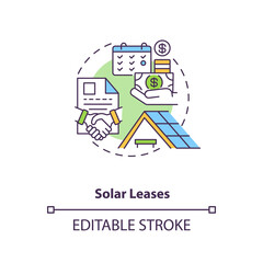 Solar leases concept icon. Using produced power of battery idea thin line illustration. Leasing arrangement and monthly payments. Vector isolated outline RGB color drawing. Editable stroke