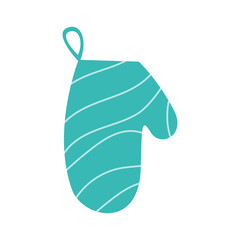 Turquoise potholder on a white background. Bright vector illustration in a simple style. The gauntlet for the kitchen with white stripes. Stylish kitchen textiles