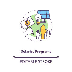 Solarize programs concept icon. Solar photovoltaic group-purchasing program idea thin line illustration. Sell unused electricity. Vector isolated outline RGB color drawing. Editable stroke