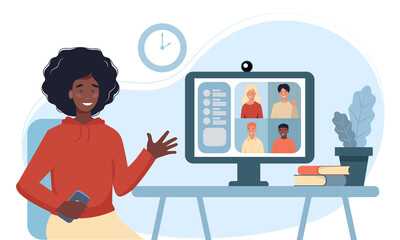 Woman using computer for collective virtual meeting and group video conference. Woman at desktop chatting with friends online. Illustration for videoconference, remote work, technology concept