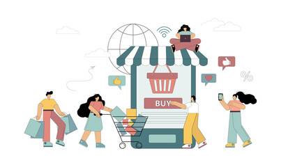 E-shopping concept and online payments. People shopping together on a shopping app and smartphone.