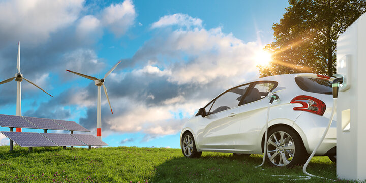 E-Mobility and ecology. Charging an electric urban car in nature background with blue sky, solar panels and wind generator. Charging battery concept. 3D rendering.