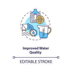Improved water quality concept icon. Clean energy and health of river idea thin line illustration. Improve generation and environment. Vector isolated outline RGB color drawing. Editable stroke