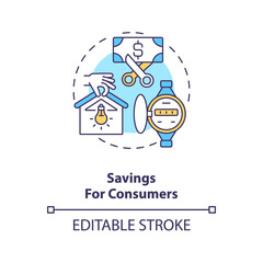 Savings for consumers concept icon. Hydropower remaining cheap of electricity idea thin line illustration. Hydropower generation. Vector isolated outline RGB color drawing. Editable stroke