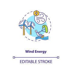Wind energy concept icon. Power of wind turning blades of turbine idea thin line illustration. Electric generator and produces electricity. Vector isolated outline RGB color drawing. Editable stroke