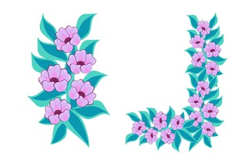 Light pink flowers with turquoise leaves in the form of a branch and in a pattern on a white background for printing on paper and textiles