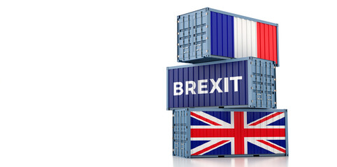 Freight containers with France and United Kingdom flag. Brexit trading problems. 3D Rendering 
