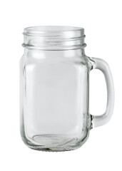 Glass jar. Mason Jar for drinking. Empty glass jar with handle good for smoothie. White isolated background.