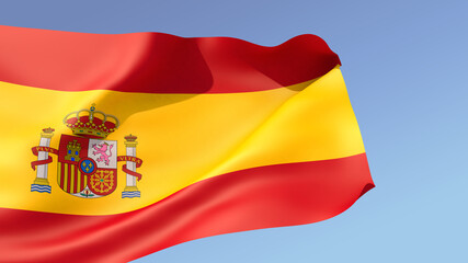 3D illustration. The large flag of Spain unfolds in the wind against blue sky background with gradient.