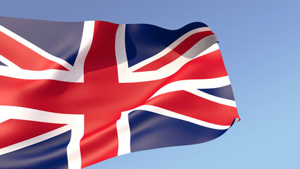 3D illustration. The large flag of Great Britain unfolds in the wind against blue sky background with gradient.