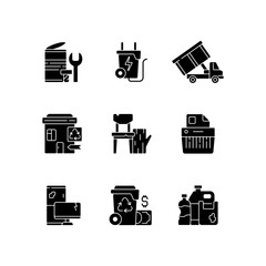 Garbage collection black glyph icons set on white space. Metal waste. Energy-from-waste. Open-top dumpster. Discarded wood products. E-waste. Silhouette symbols. Vector isolated illustration