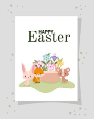 invitation with happy easter lettering,one cute pink bunny, fox, bear and one basket full of flowers