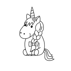Cute unicorn vector illustration isolated on white background. Hand-drawn outline unicorn for greeting card, invitation, flyer, logo, banner template, print on t-shirt, coloring book.  Doodle style