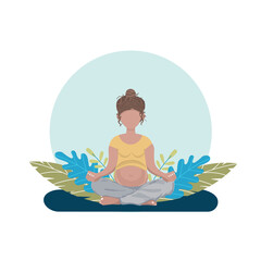 Obraz na płótnie Canvas A pregnant young woman in a Yoga pose with green leaves on the background. A banner, poster for Medical, Pregnancy projects. A flat illustration. 