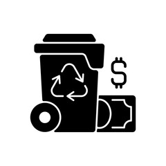 Waste management cost black glyph icon. Recycling waste costs. Source reduction. Financing and services. Ecological refuse managing. Silhouette symbol on white space. Vector isolated illustration
