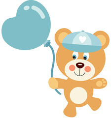 Baby boy teddy bear running hold a blue heart balloon

