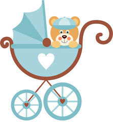 Boy teddy bear on baby carriage
