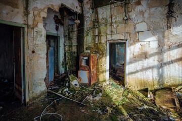Fototapeta na wymiar Old dark overgrown interior of abandoned building