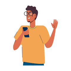 man wearing eyeglasses using smartphone standing character vector illustration design