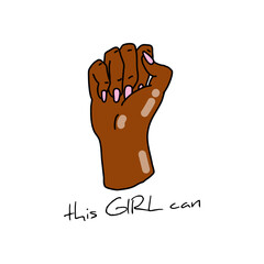 Female hand in fist with inscription "This Girl can". Feminist pride symbol for feminism united and fighting for rights. Doodle style. Vector illustration on isolated background.