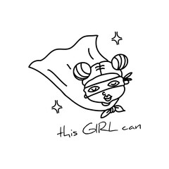 Young girl superhero in cloak. Feminism movement and sisterhood concept. Doodle style. Vector illustration on isolated background. For stickers, patches, cards, invitations