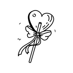 Heart shaped caramel lollipop. Gift long bow. Delicious sweetness. Doodle style. Valentine's day concept. Vector illustration on isolated background.