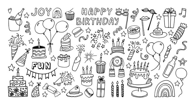 Big celebration clipart set. Party time doodle clipart with fireworks, party hat, birthday cake, holiday gift box. Hand drawn icons