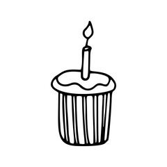Single hand drawn cake with candles for greeting, birthday card, posters, recipe, culinary design. Isolated on white background. Doodle vector illustration.