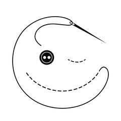 Silhouette of embroidered smile with interrupted contour and sewing button (eye). Vector illustration of handmade work with embroidery thread and needle on white background.	