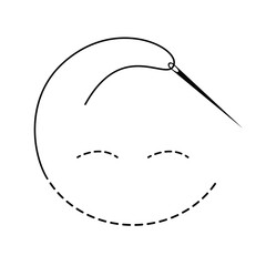 Silhouette of embroidered smile with interrupted contour and closed eyes. Vector illustration of handmade work with embroidery thread and needle on white background.	