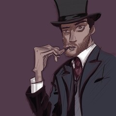 Crazy detective's caricature. Purple background.  Tobacco pipe in the hand. Hat on the head.  Man in the suit.