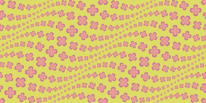 Seamless pattern. Shamrocks, pink flowers and yellow background. Dark and light pink colored elements. Simple wavy geometric shamrock shapes. Smooth texture images. Textile design.