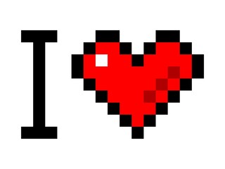 I love pixel icon. Contour red hearts with black outline in capital letters and shape romantic abstract recognition heartfelt emotional vector greeting.