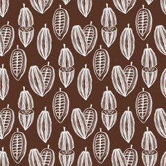 seamless pattern of cocoa beans on brown background
