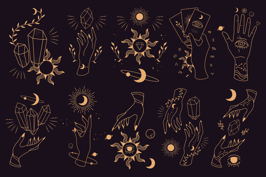 Big set of magic and astrological symbols. Hand poses. Mystical signs, silhouettes, zodiac signs, tarot cards. Vector illustration. Witchcraft art. Stickers, banner, decorations. Esoteric aesthetics. 