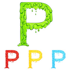 Letter P with flow drops and goo splash. Color illustration of the symbol p in four colors green, red, yellow, blue. Dripping liquid. Vector font in hand drawn style isolated on white background.
