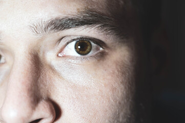 A young man stares at the camera. Brown man's eyes close up. Male face closeup. Lighted male face with small wrinkles and with no bristles.