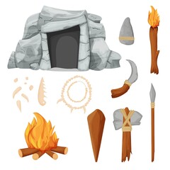 Stone age set with barbarian cave, necklace from bones, tools and weapon from rock and wooden sticks in cartoon style isolated on white background stock vector illustration.