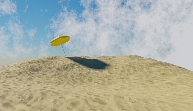 yellow umbrella over a mountain of beach sand