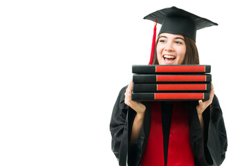 Nerd graduate student smiling and holding some books