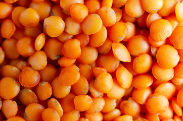 Red lentils close up. Top view. 