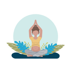 A pregnant young woman in a Yoga pose with green leaves on the background. A banner, poster for Medical, Pregnancy projects. A flat illustration. 