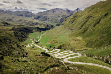 Drone photo of winding roads on Julierpass in Switzerland