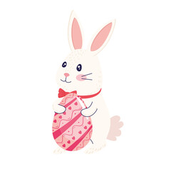 happy easter season card with cute rabbit wearing bowtie and egg painted vector illustration design