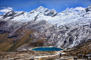 Trekkers descending from Punta Union pass on the Santa Cruz trek, Cordillera Blanca, Ancash, Peru