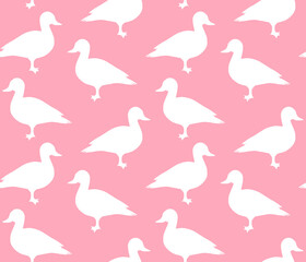 Vector seamless pattern of white hand drawn duck silhouette isolated on pink background