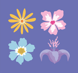 set of flowers on a purple background