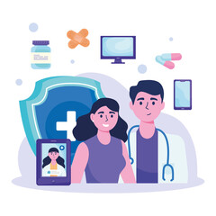 doctor and patient female with telemedicine set icons vector illustration design