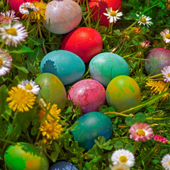 Easter decoration eggs in the garden outdoor
